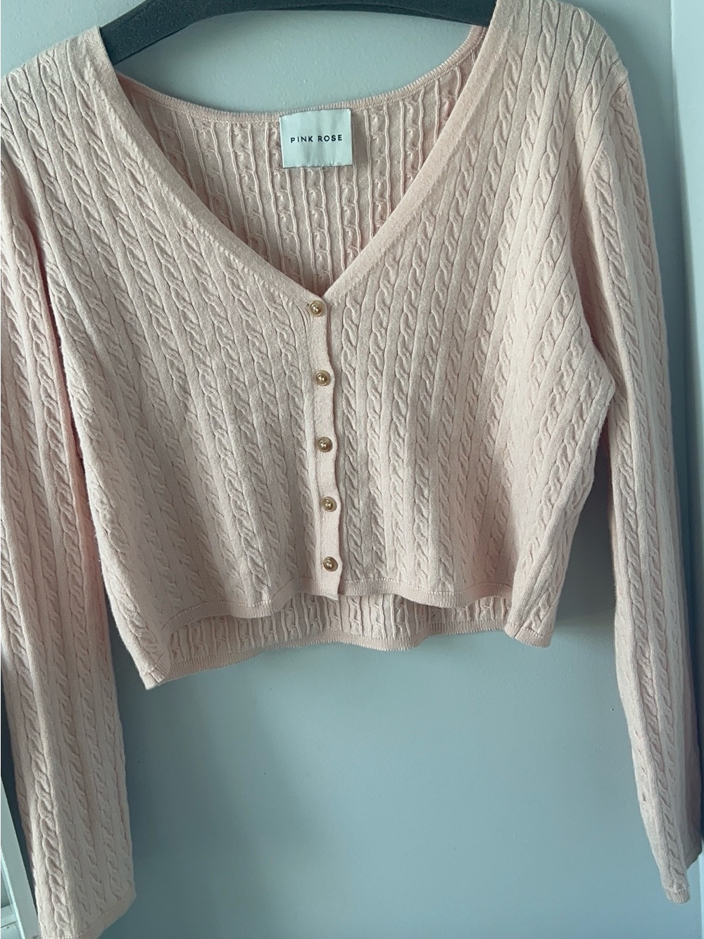 Pink Rose Blush Cable-Knit V-Neck Button Crop Sweater